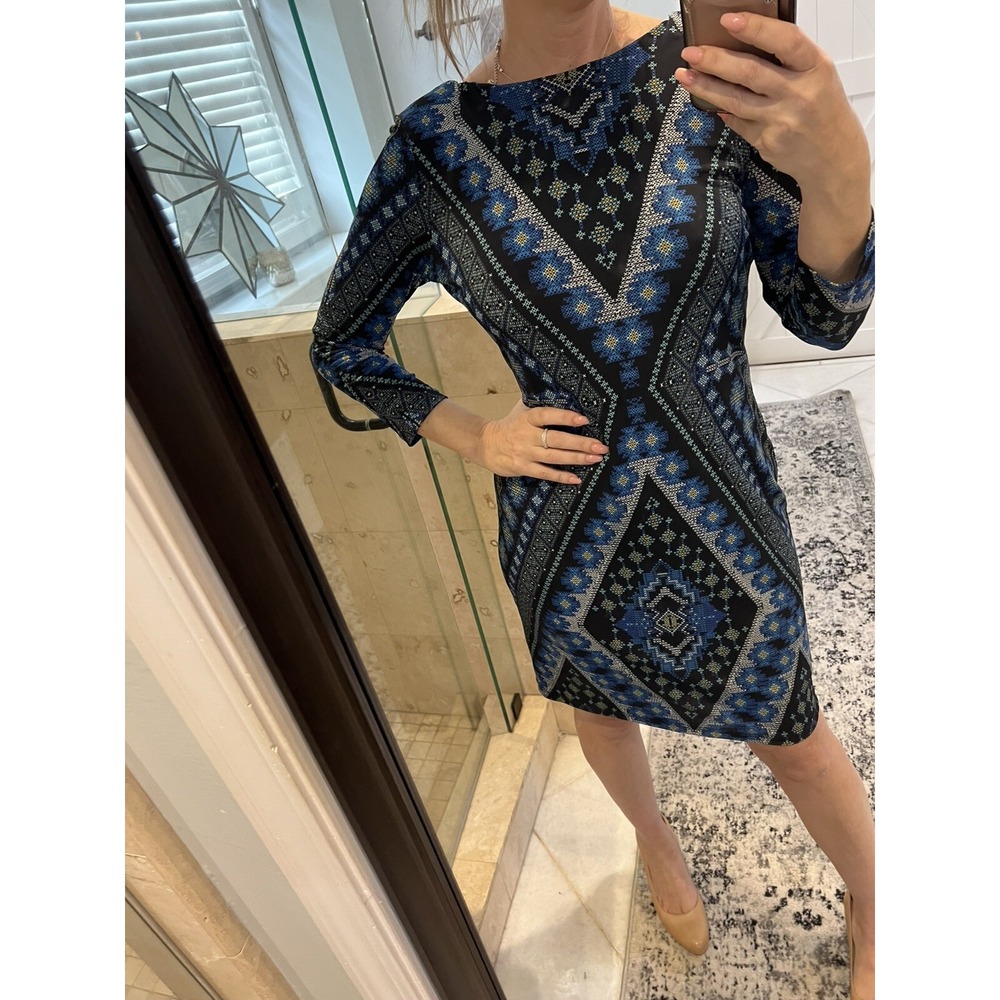 Karen Kane Womens Blue Geometric Knit Shift Dress 4L24565 Size M